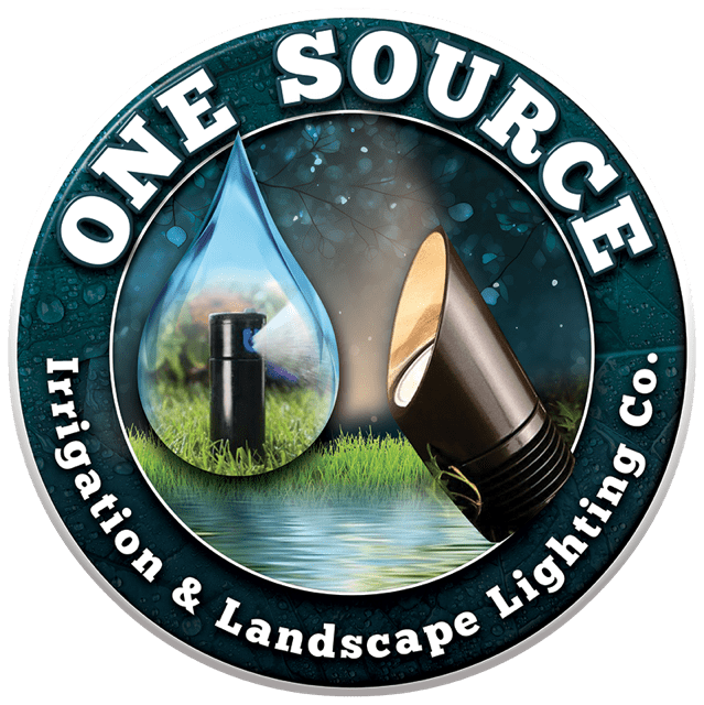 Logo of one source irrigation & landscape lighting co., featuring a water droplet and a lighting fixture with greenery in the background.